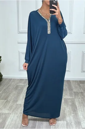 Abaya bleu canard à encolure de strass et manches longues