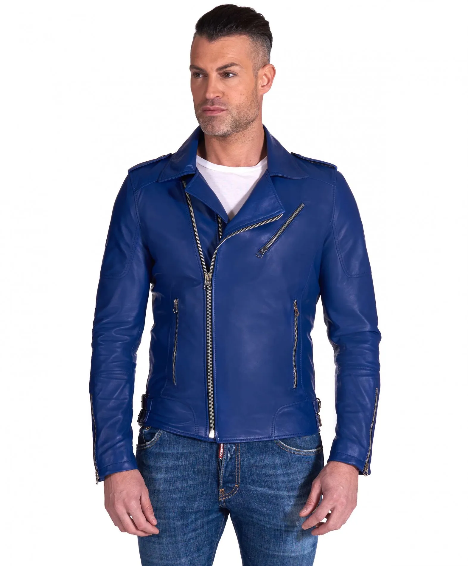 Blouson cuir homme motard bleu vintage épaules cousues