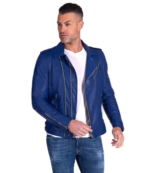 Blouson cuir homme motard bleu vintage épaules cousues