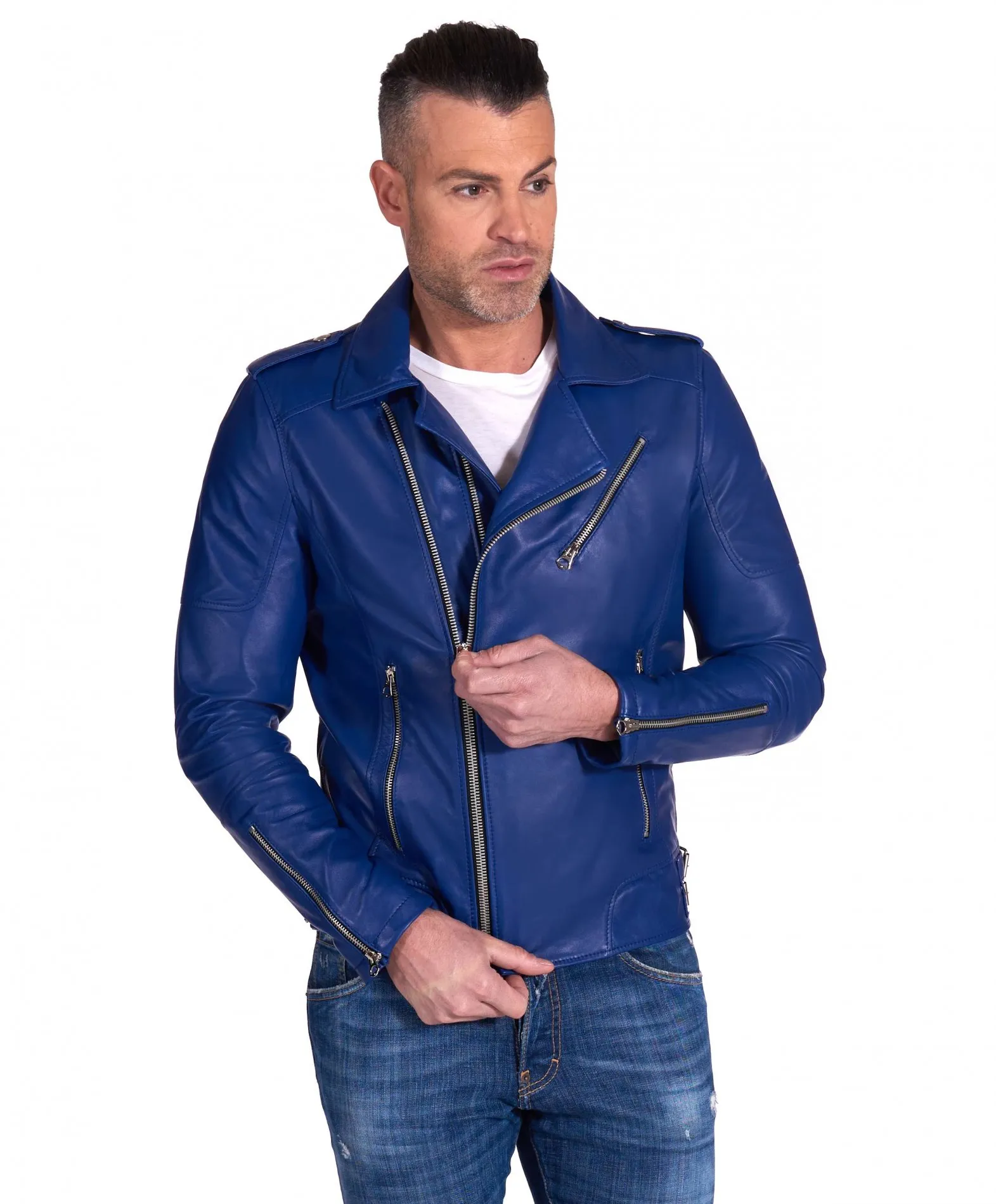 Blouson cuir homme motard bleu vintage épaules cousues