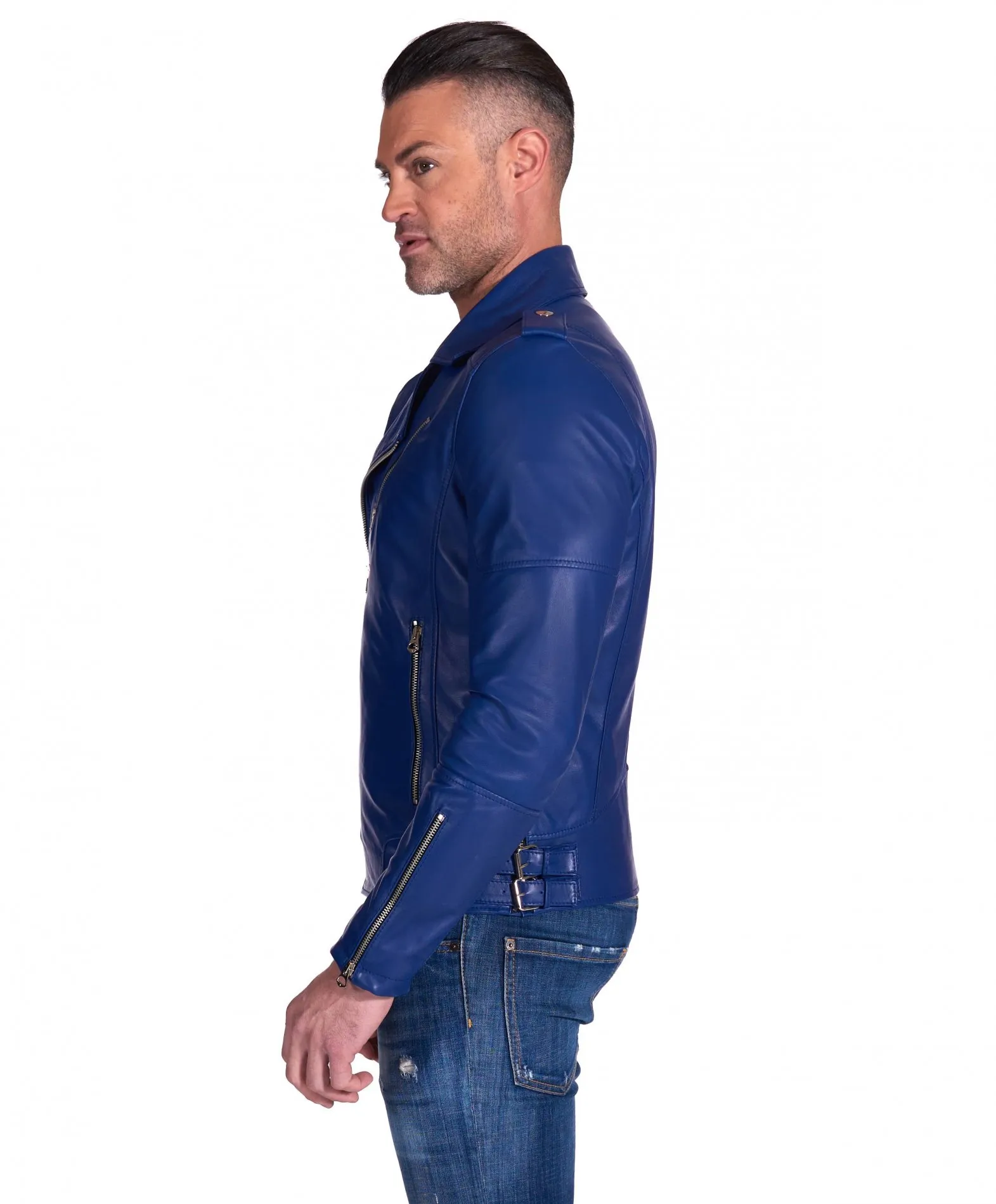 Blouson cuir homme motard bleu vintage épaules cousues