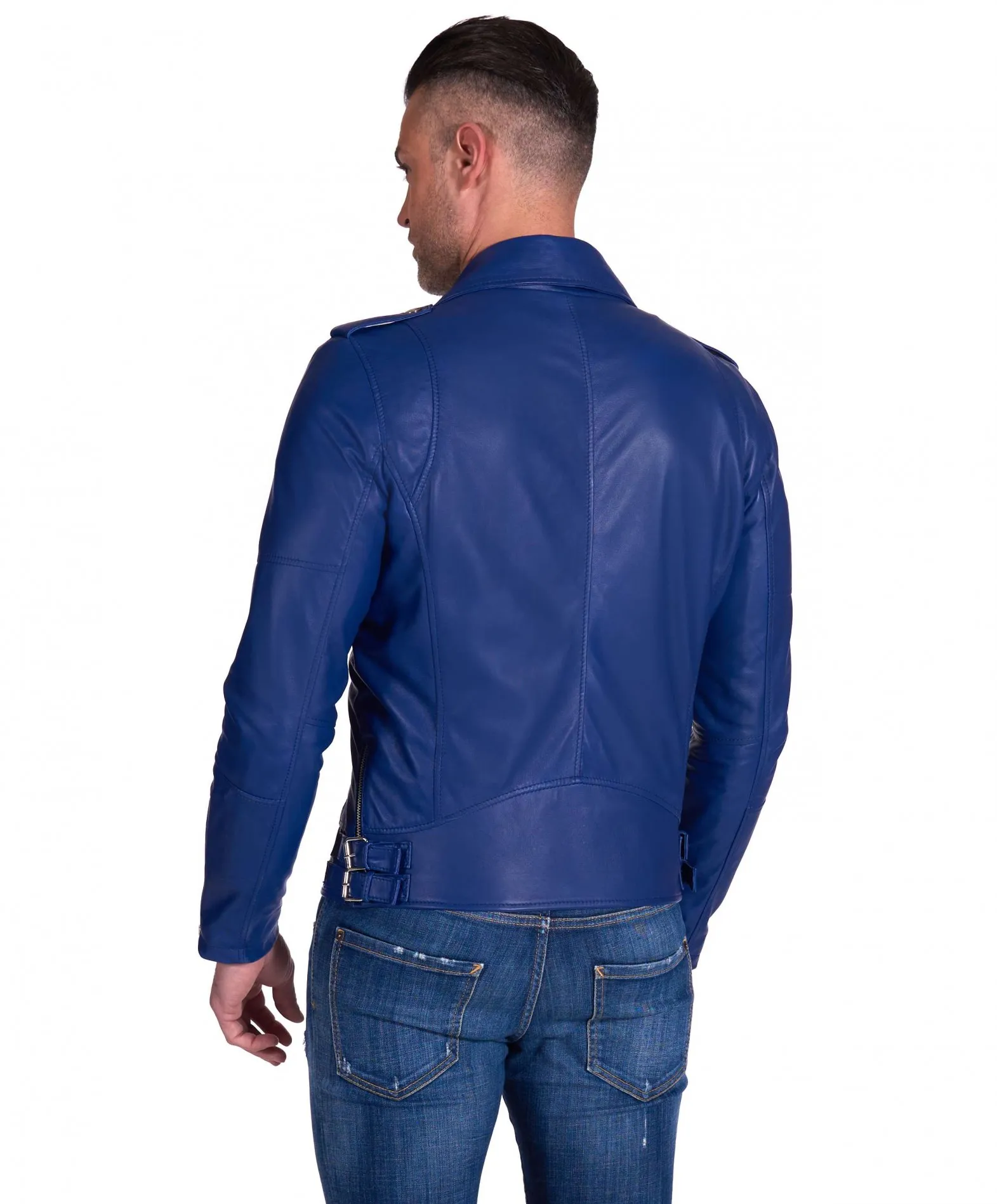 Blouson cuir homme motard bleu vintage épaules cousues