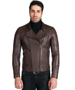 Blouson cuir homme motard matelassé cuir marron Kevin