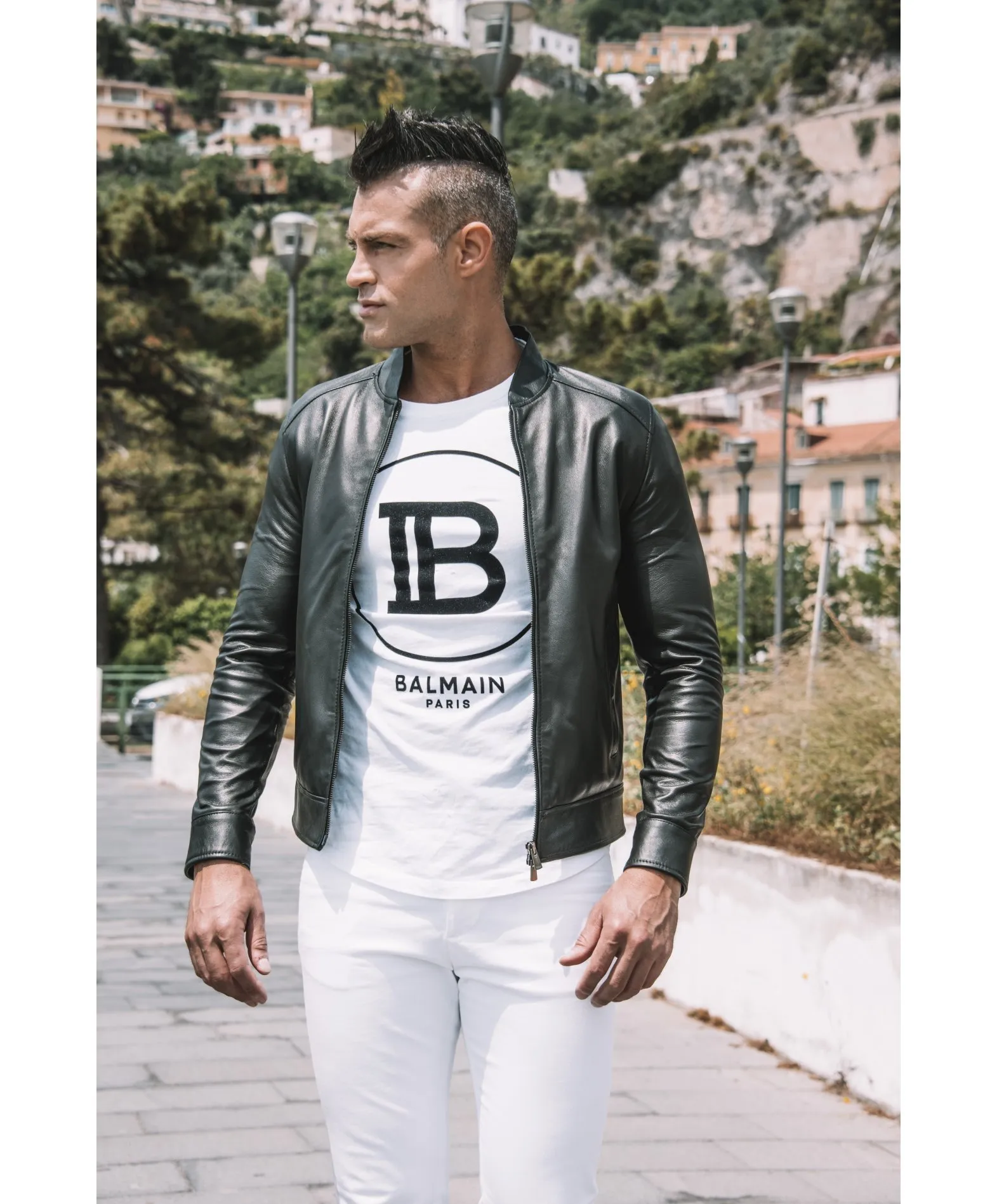 Blouson cuir homme style motard cuir plongé noir Marlon