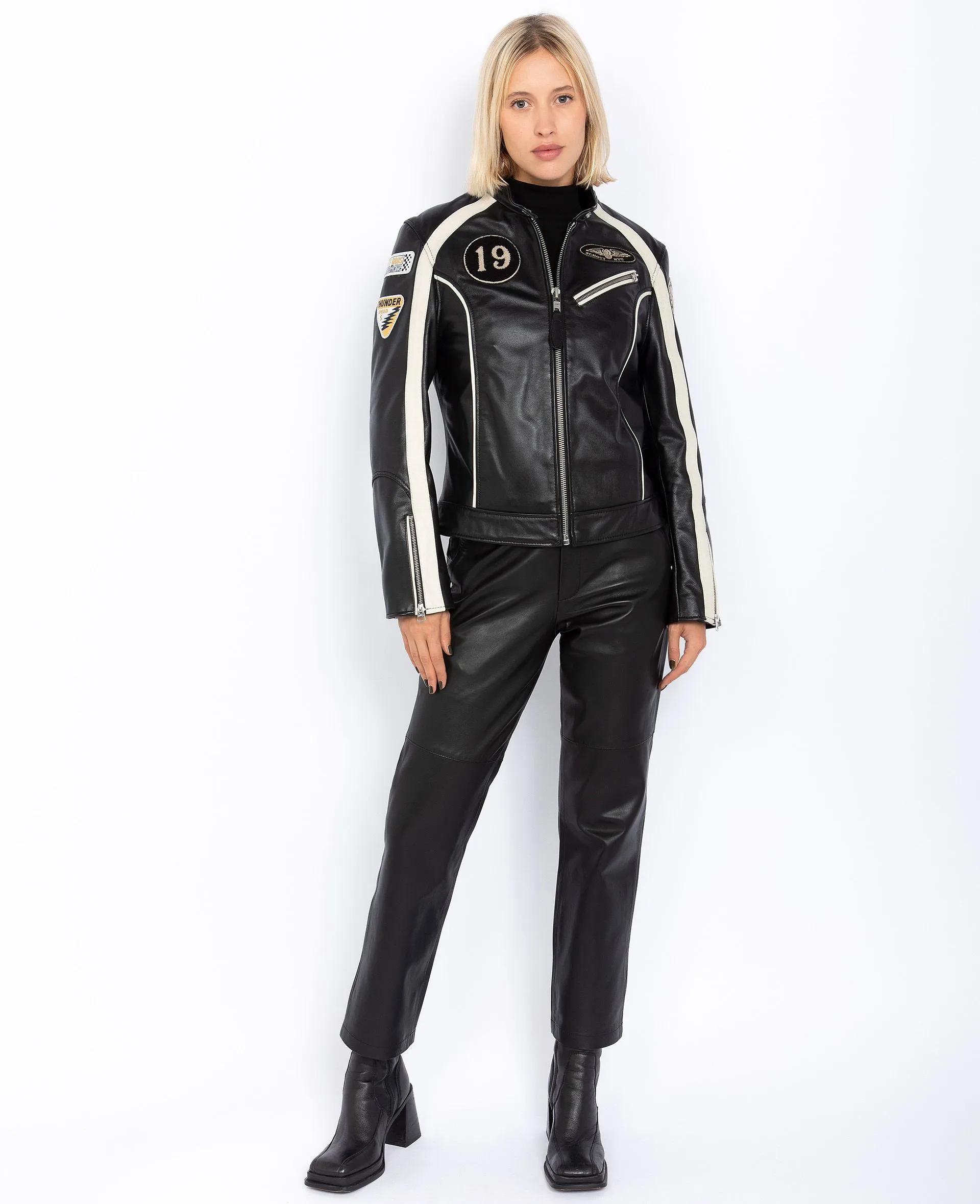 Blouson motard badgé, cuir de vachette