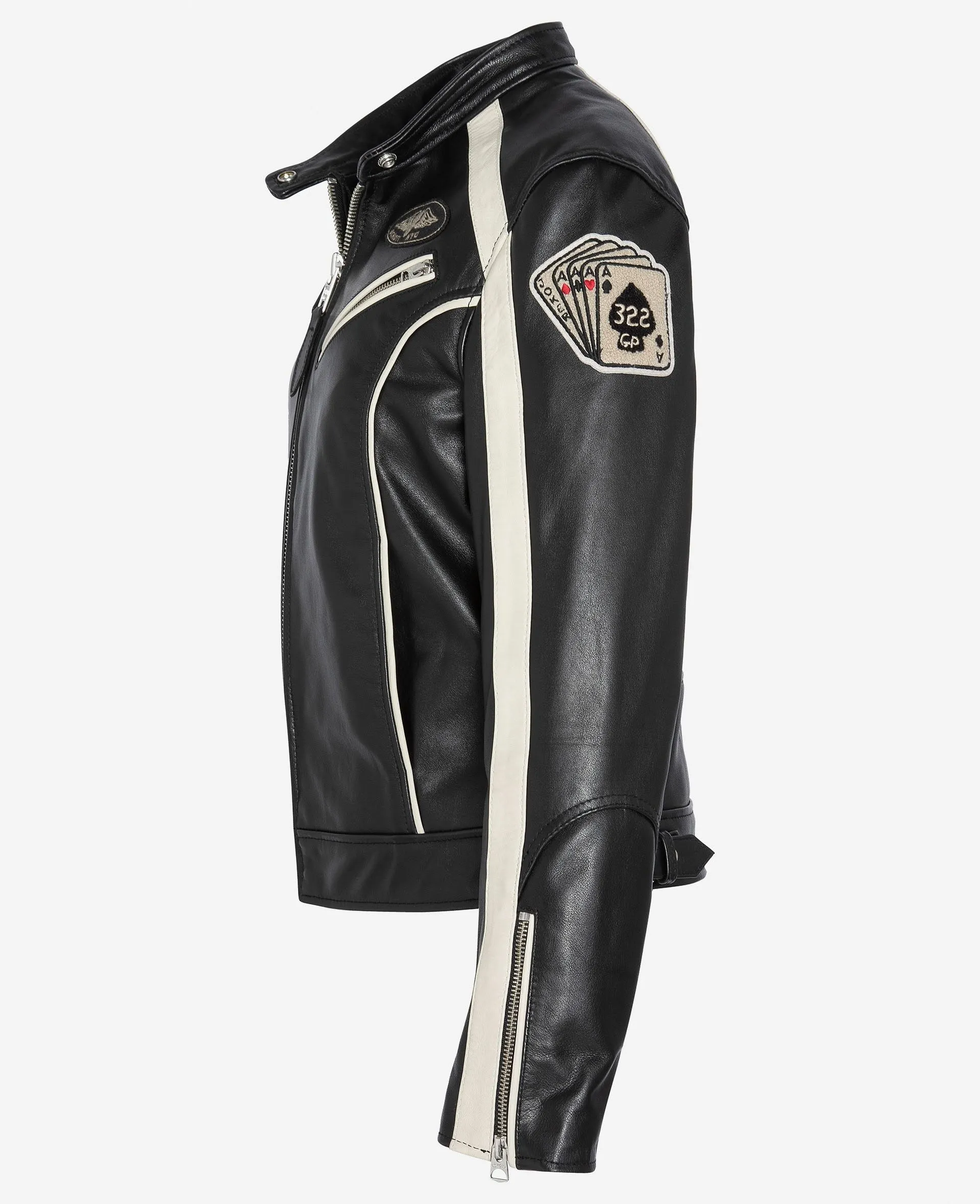 Blouson motard badgé, cuir de vachette