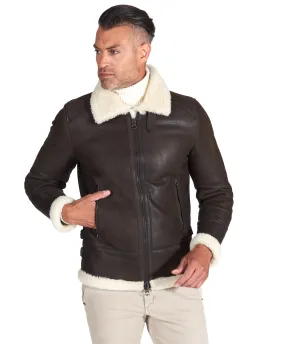 Blouson mouton homme style motard col chemise marron foncée Peter