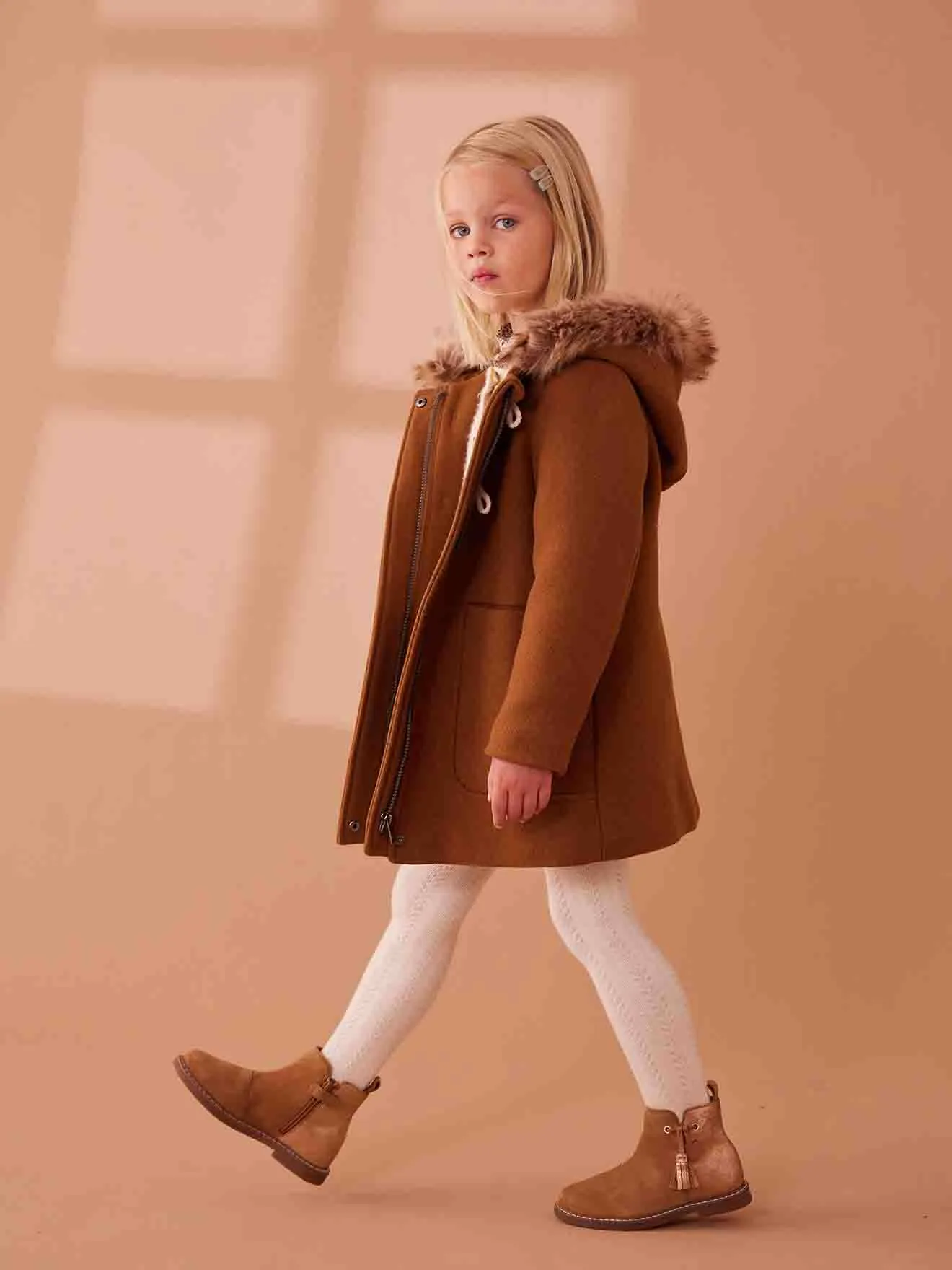 Boots cuir à pompon fille collection maternelle camel - Vertbaudet