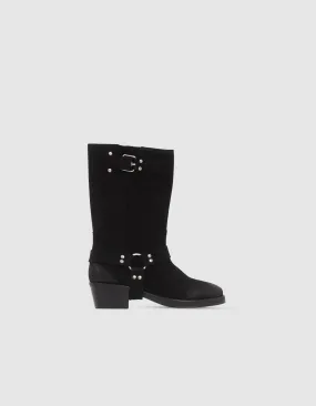 Boots noirs cuir velours esprit motard Femme