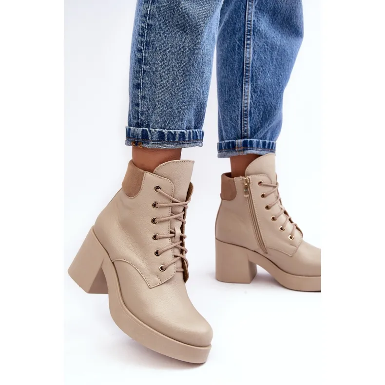 Bottines en cuir pour femmes à talon haut Beige Lemar Leocera