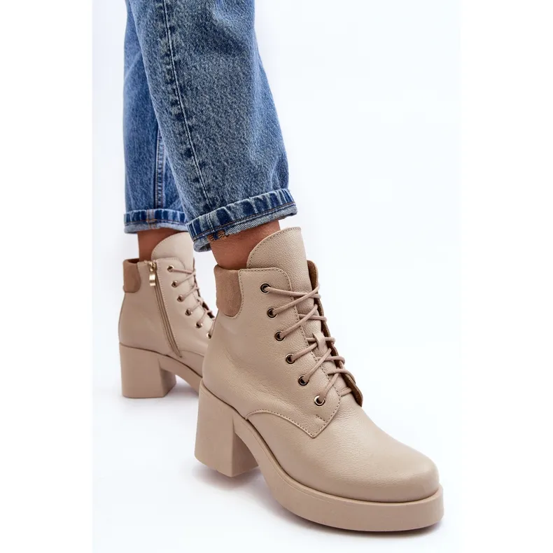 Bottines en cuir pour femmes à talon haut Beige Lemar Leocera