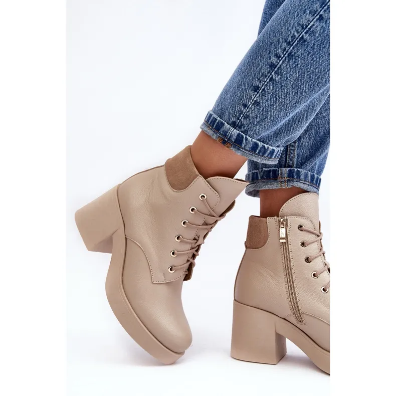 Bottines en cuir pour femmes à talon haut Beige Lemar Leocera