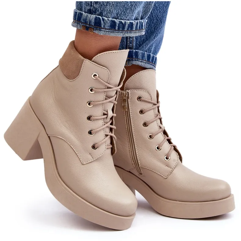 Bottines en cuir pour femmes à talon haut Beige Lemar Leocera