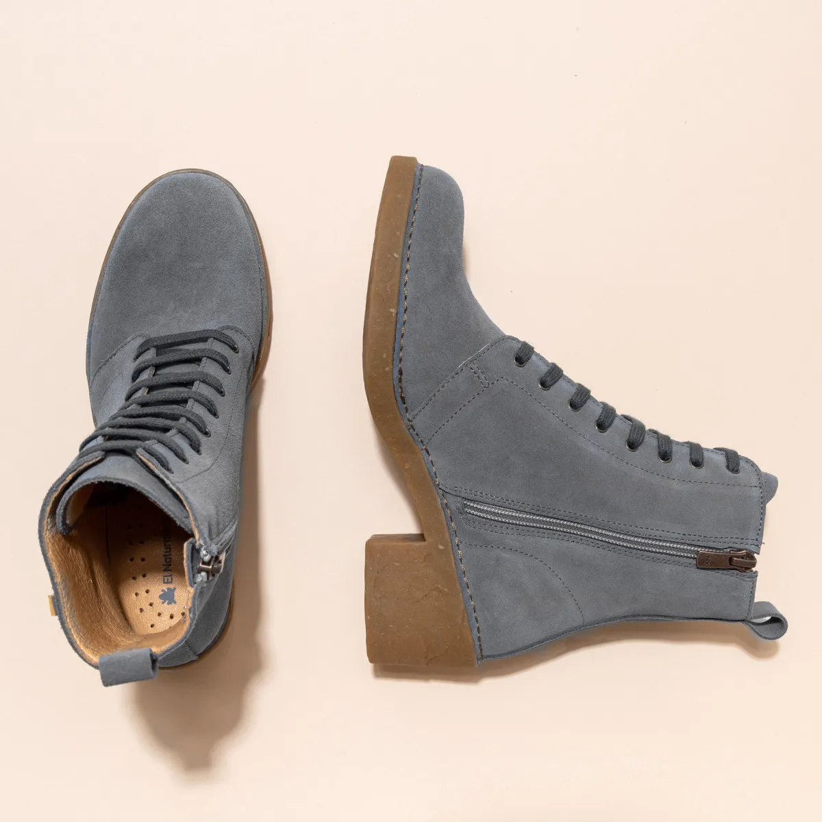 Bottines à talon et lacets en cuir suédé - Bleu Gris