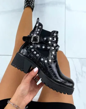 Bottines à talon mi-haut effet croco noir