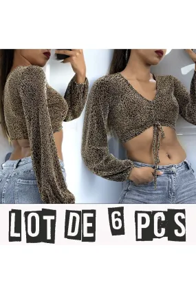 Lot de 6 Crops top dorée manches longues à motif leopard pailleté