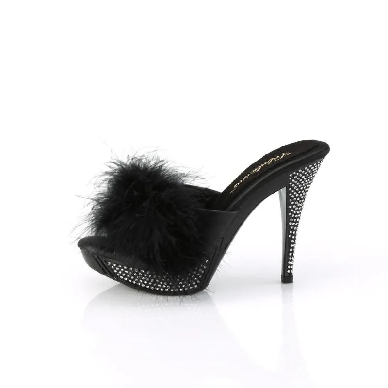 Mule noire avec plumes et strass sur haut talon sexy de 11 cm