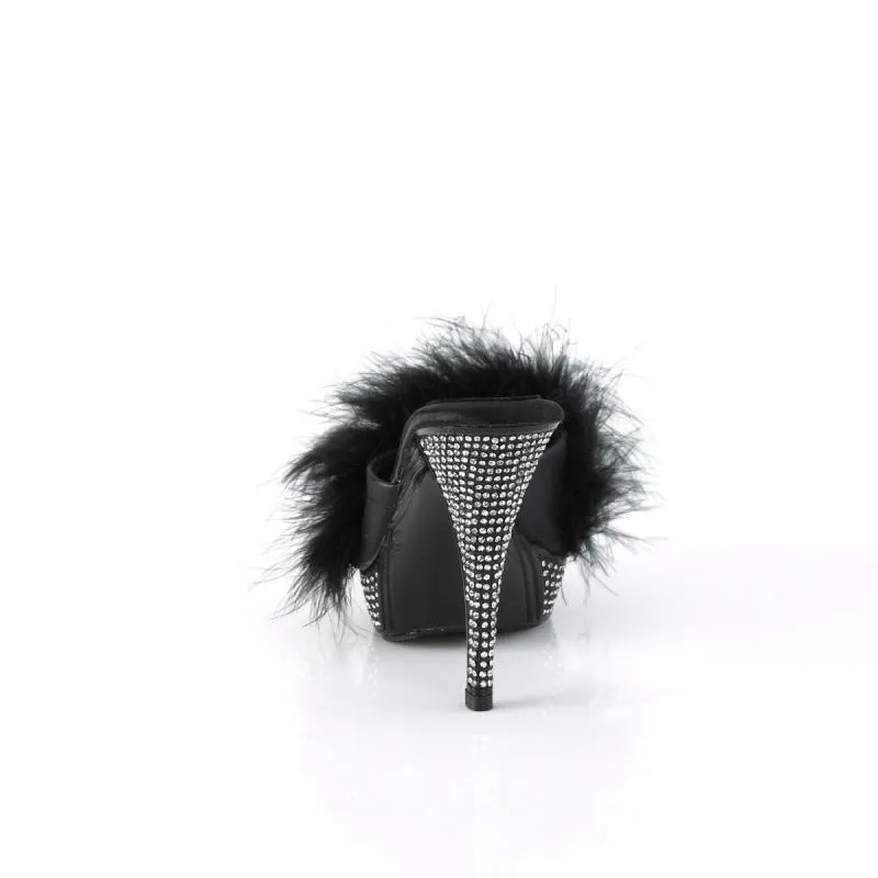 Mule noire avec plumes et strass sur haut talon sexy de 11 cm