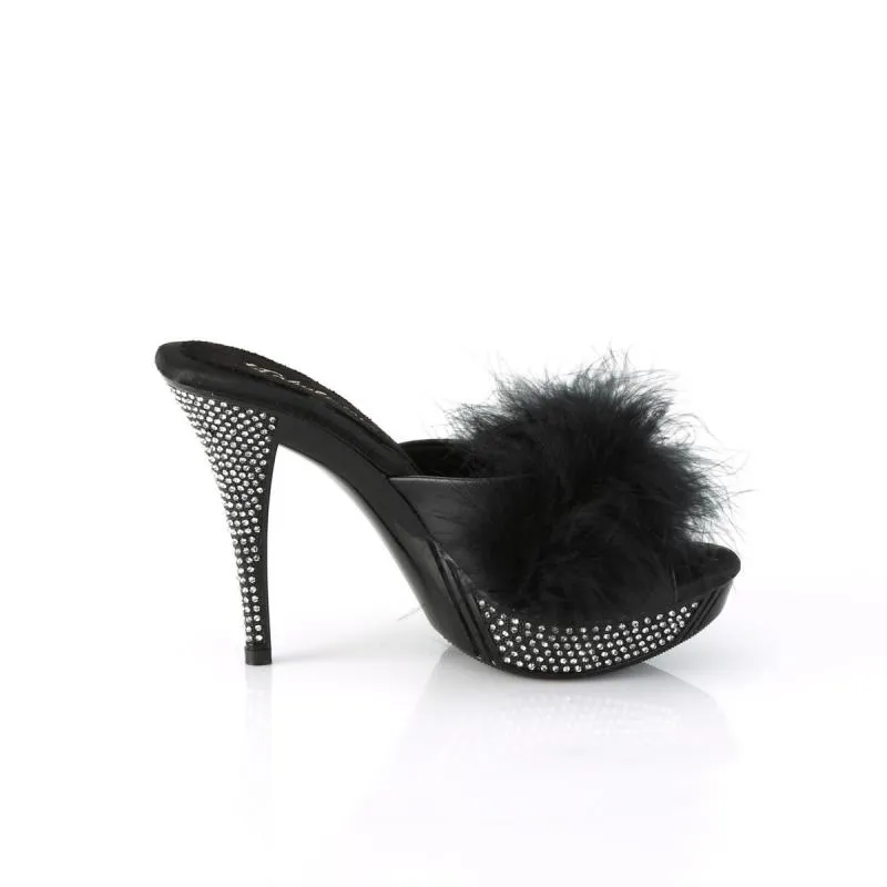 Mule noire avec plumes et strass sur haut talon sexy de 11 cm