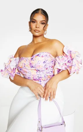 Plus Crop top lilas imprimé fleuri à manches bouffantes et col bardot