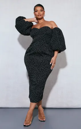 Plus Robe bustier mi-longue noire à pois et manches bouffantes