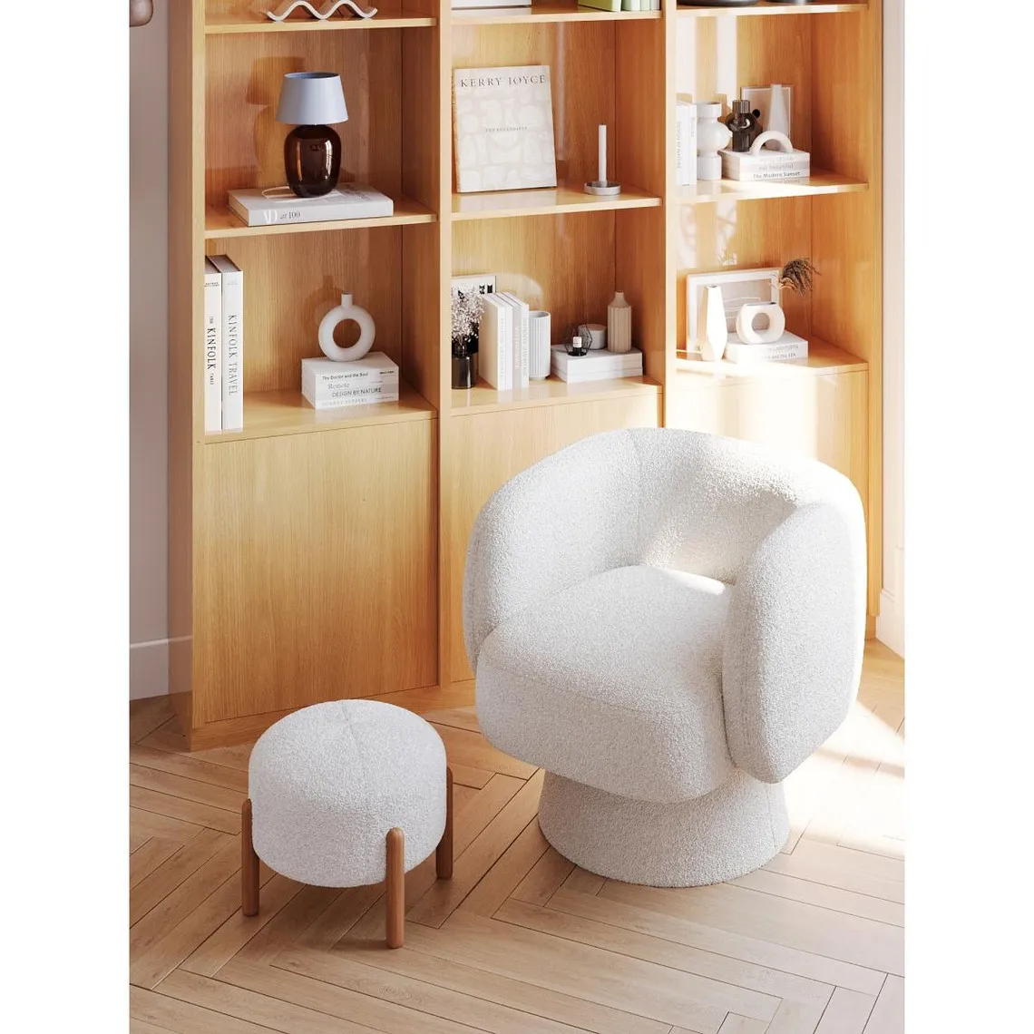 Pouf laine bouclette blanche sur socle de bois CAMELIA  | 3 Suisses