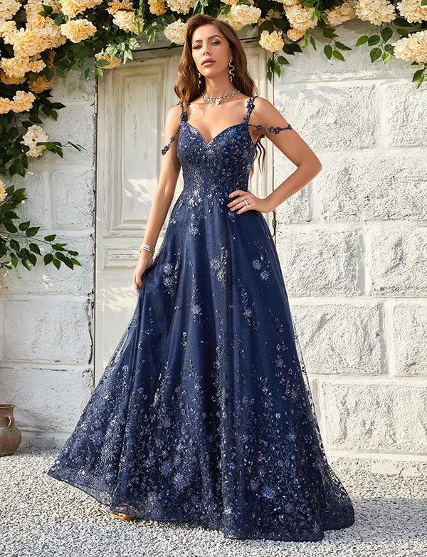 Robe De Bal à Bretelles Spaghetti Et Paillettes Marine