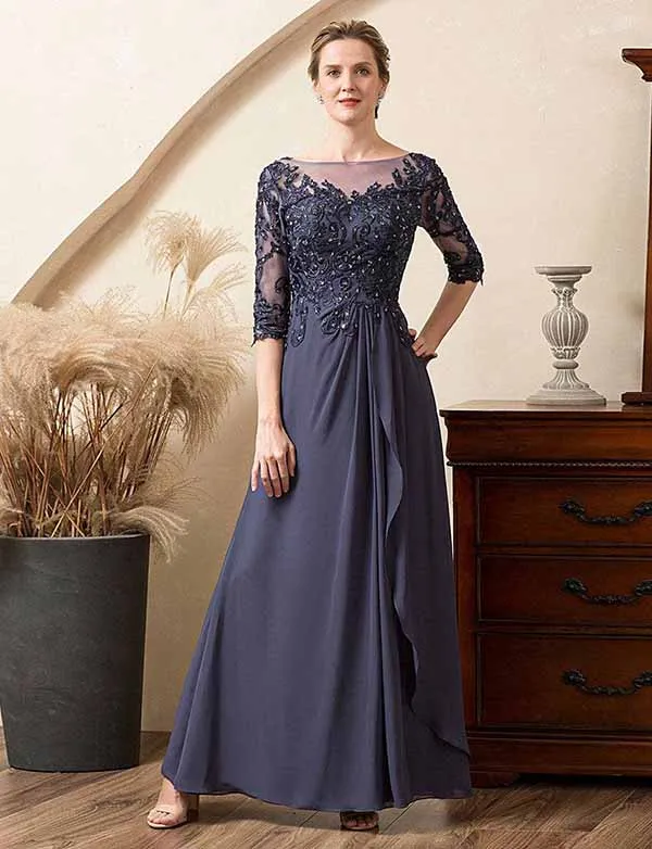 Robe de la mère de la mariée en mousseline de soie perlée gris-bleu étincelant