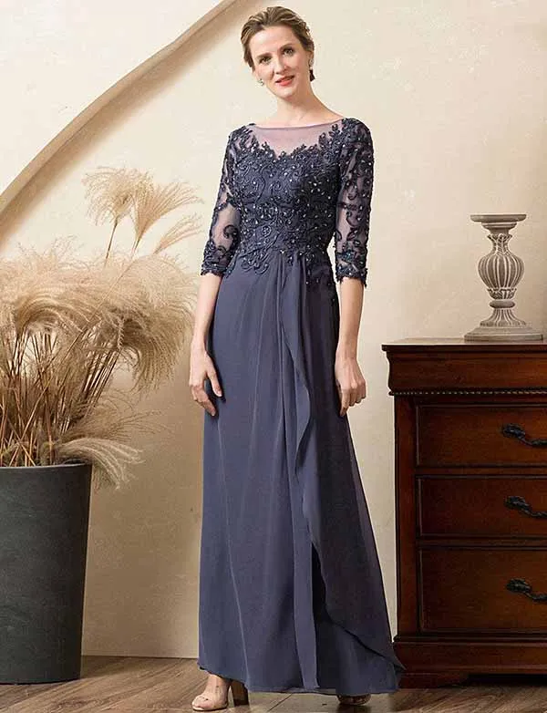 Robe de la mère de la mariée en mousseline de soie perlée gris-bleu étincelant