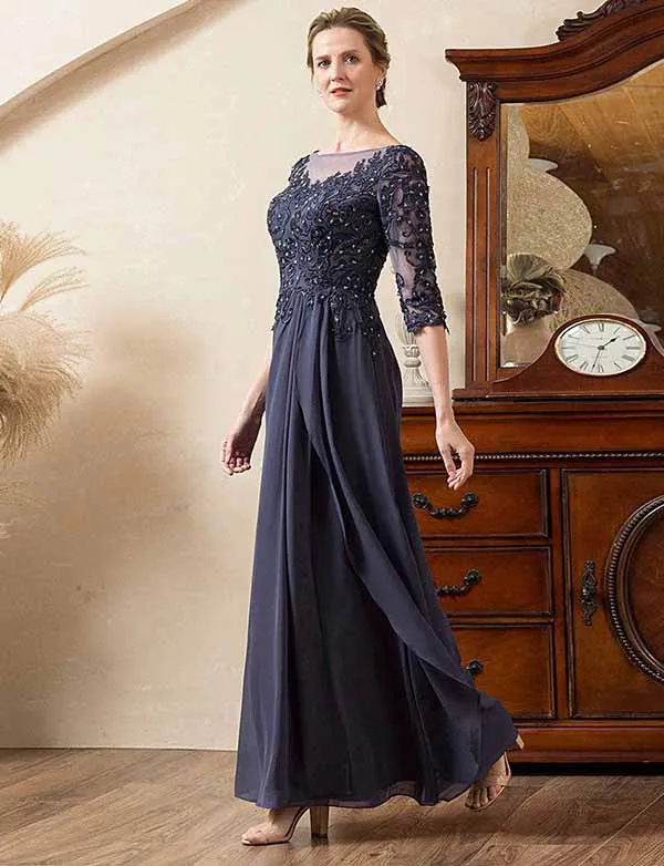 Robe de la mère de la mariée en mousseline de soie perlée gris-bleu étincelant