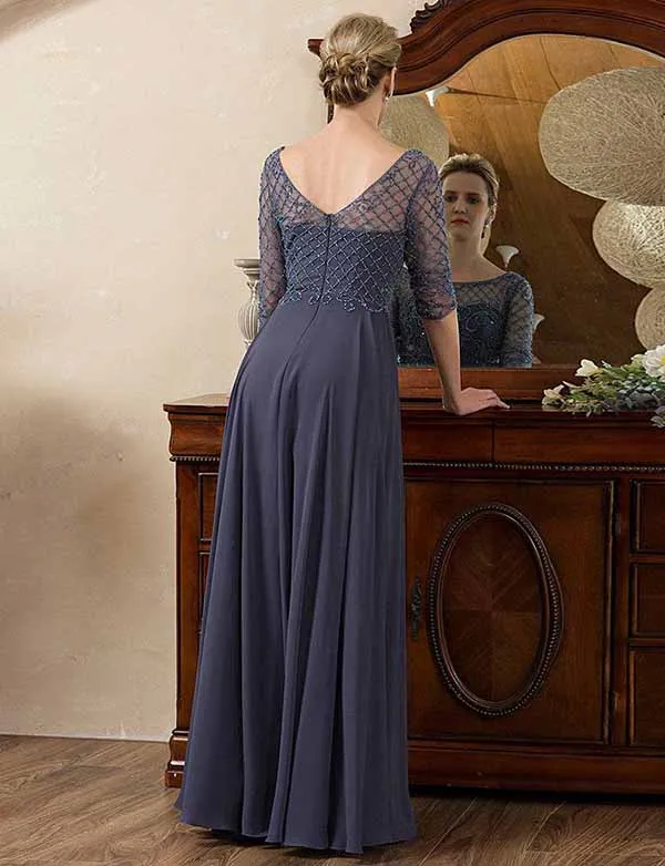 Robe de la mère de la mariée en perles gris et bleu scintillant