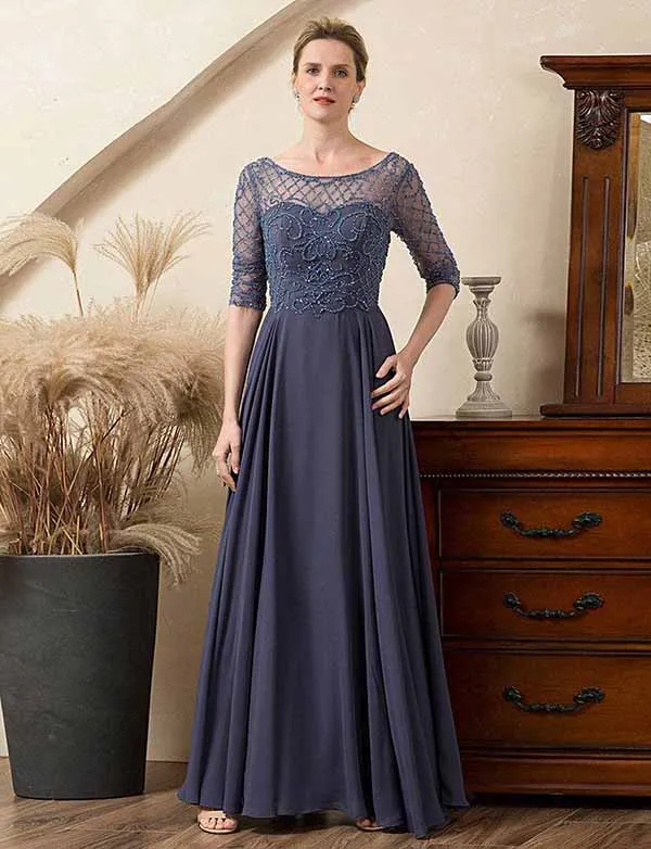 Robe de la mère de la mariée en perles gris et bleu scintillant