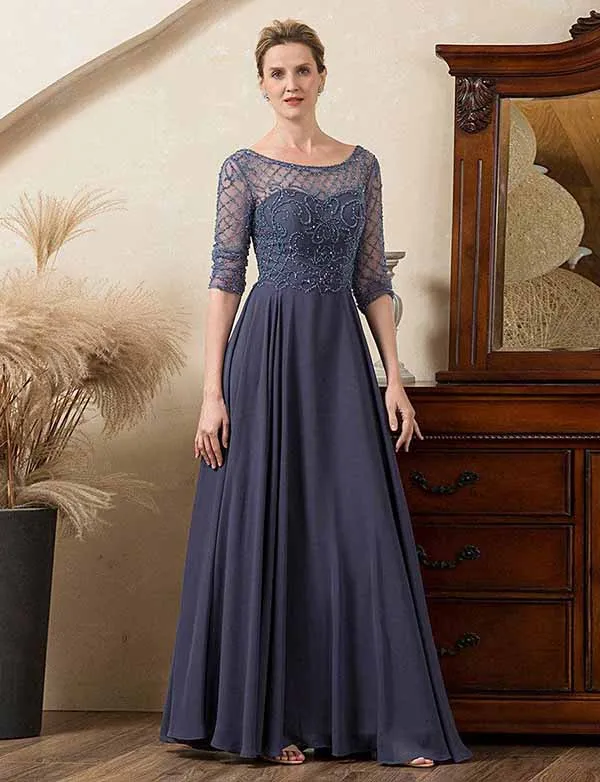 Robe de la mère de la mariée en perles gris et bleu scintillant