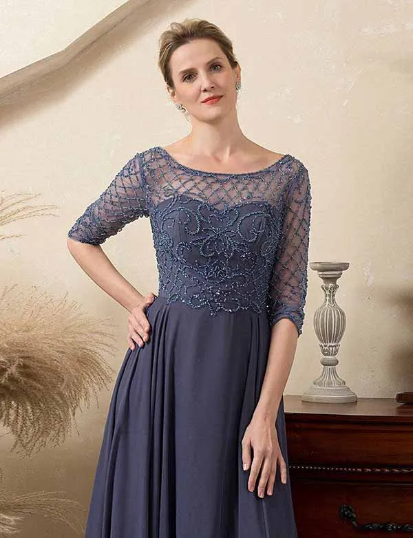 Robe de la mère de la mariée en perles gris et bleu scintillant