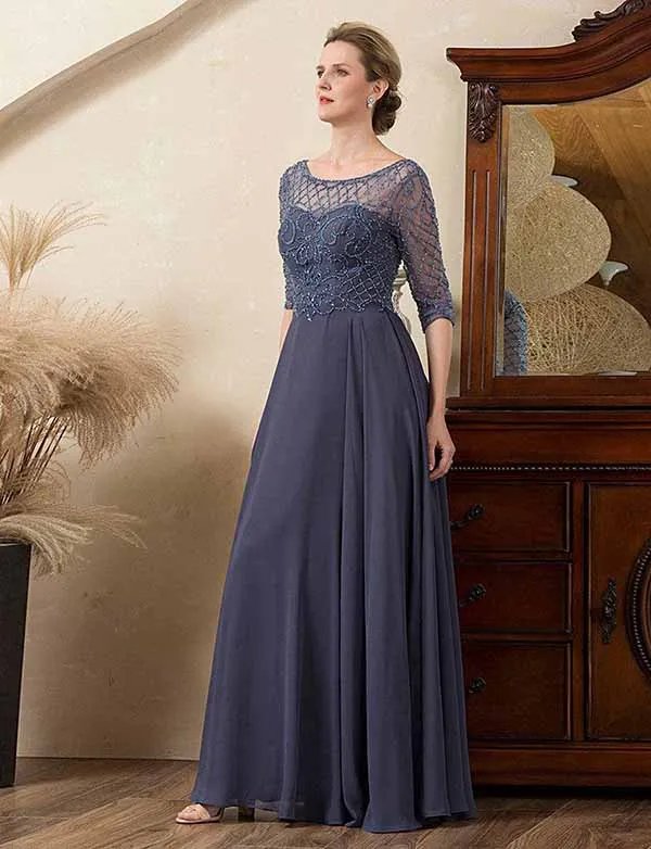 Robe de la mère de la mariée en perles gris et bleu scintillant