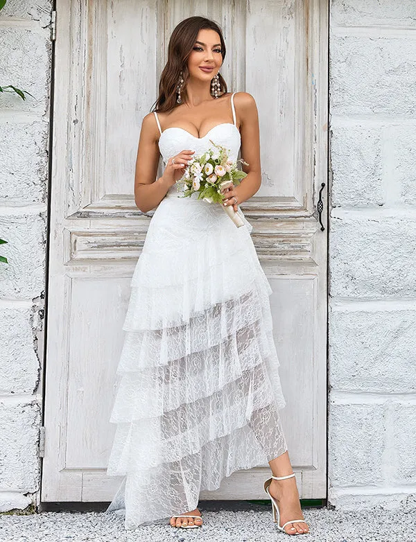 Robe de mariée boho asymétrique en dentelle ivoire avec traîne amovible