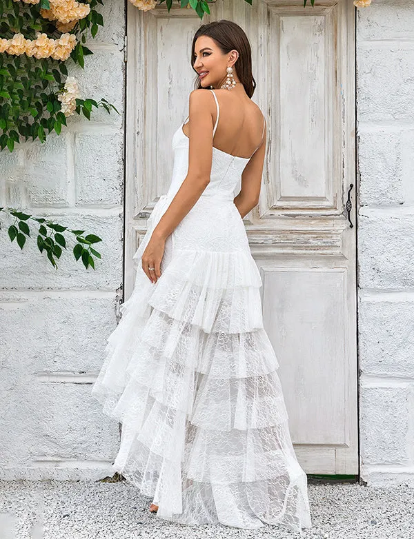 Robe de mariée boho asymétrique en dentelle ivoire avec traîne amovible