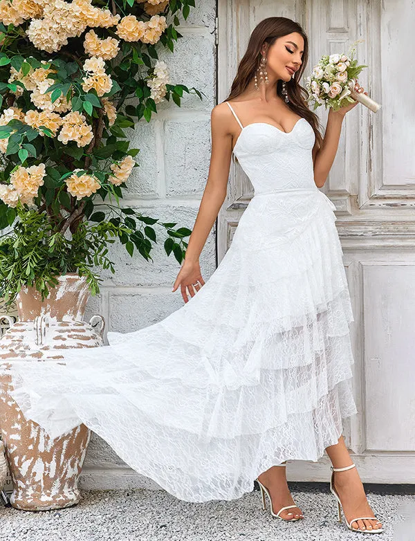 Robe de mariée boho asymétrique en dentelle ivoire avec traîne amovible