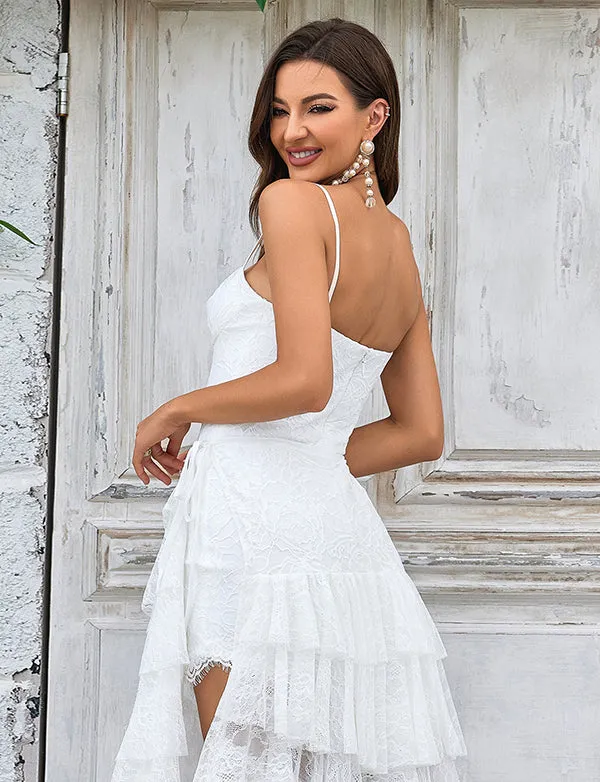 Robe de mariée boho asymétrique en dentelle ivoire avec traîne amovible