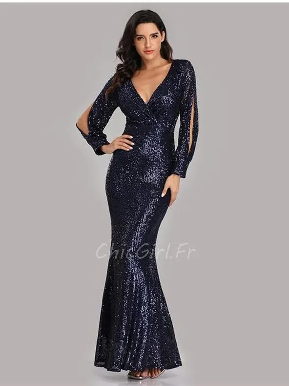 Robe De Soirée Sirène Sexy Bleu Marine Pailletée Longues Manches Fendu Col V