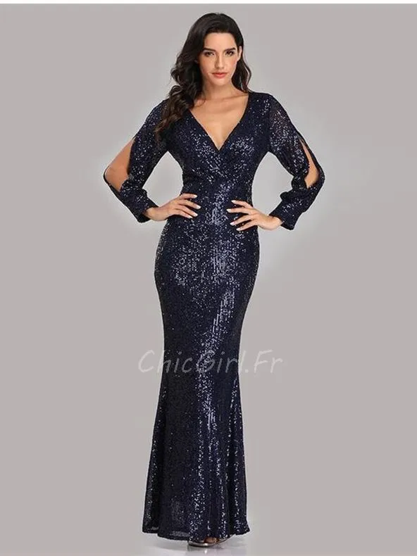 Robe De Soirée Sirène Sexy Bleu Marine Pailletée Longues Manches Fendu Col V