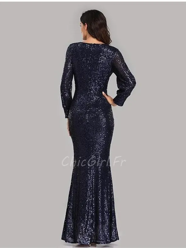 Robe De Soirée Sirène Sexy Bleu Marine Pailletée Longues Manches Fendu Col V