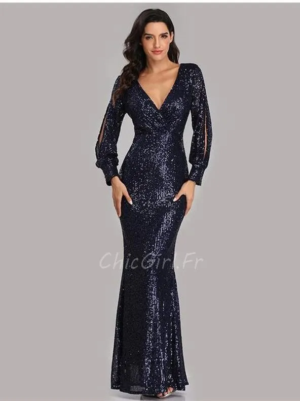 Robe De Soirée Sirène Sexy Bleu Marine Pailletée Longues Manches Fendu Col V