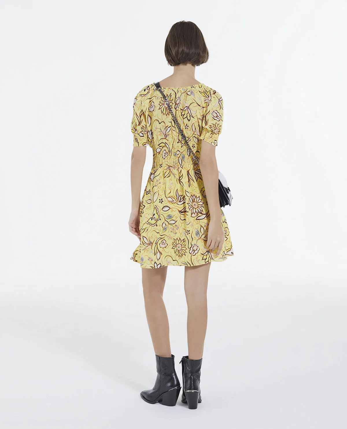 Robe jaune à fleurs courte manches bouffantes