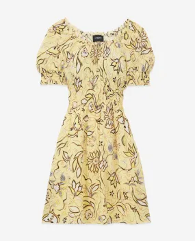 Robe jaune à fleurs courte manches bouffantes