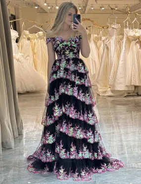 Robe longue de bal de fin d'année rose noir avec application