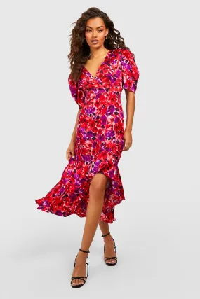 Robe mi-longue fleurie à manches bouffantes