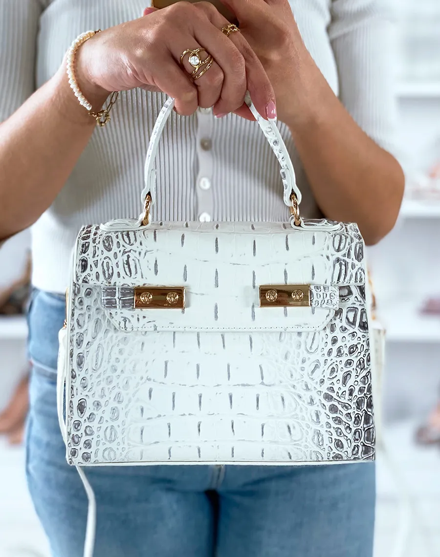 Sac à main blanc effet python gris à détails dorés