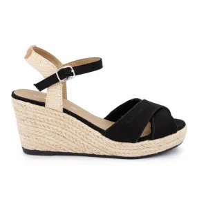 Sandales talon compensé textile en paille noir t36-41 Femme TOM