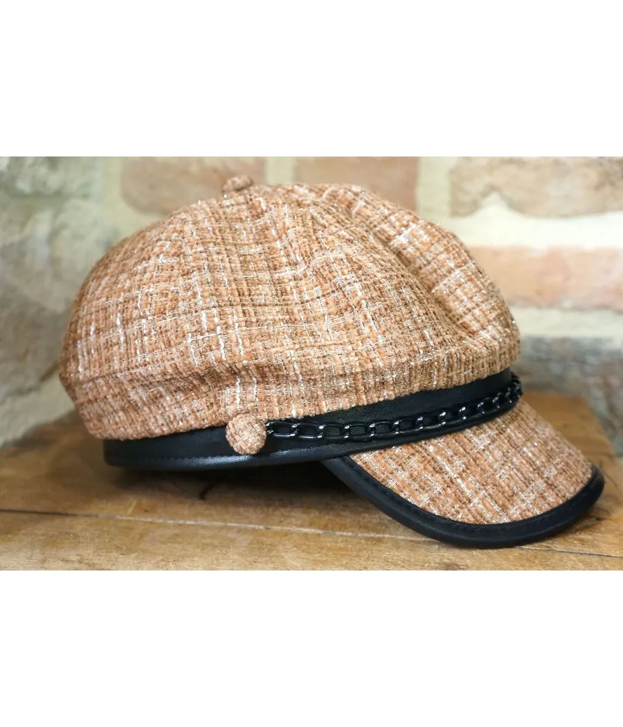 SANTAIA CASQUETTE FEMME CHIC LAINE TWEED MARRON NOIR LUREX CHAINETTE